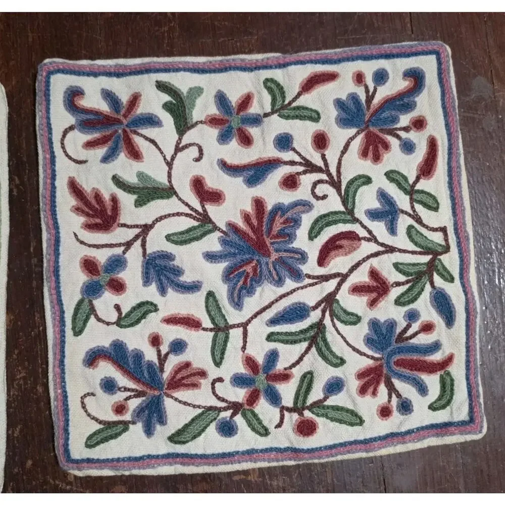 Set Of 2 Decorative Throw Pillow Covers Coordinating Crewel Work 12x12